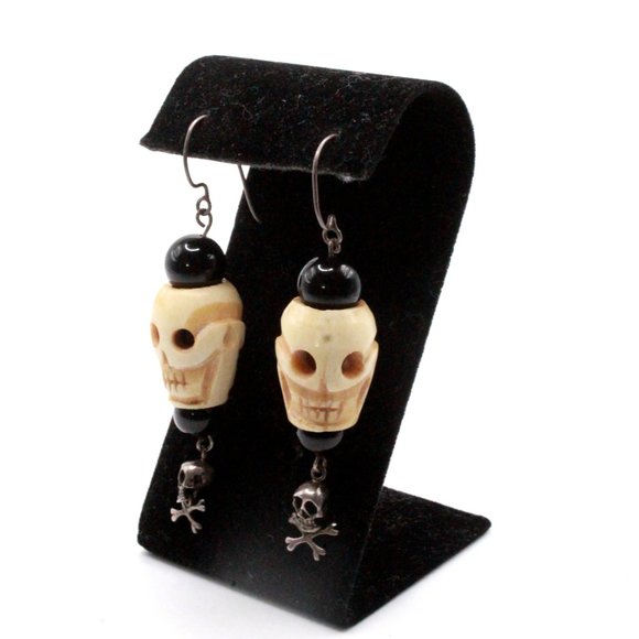 Vintage Sterling Silver Skull Sculpted Unique Dangle 3" Long Earrings - Picture 8 of 8